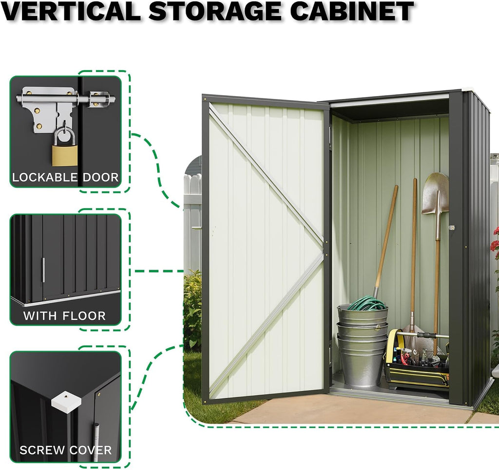 patiowell 22 cuft storage shed, metal vertical storage, side view