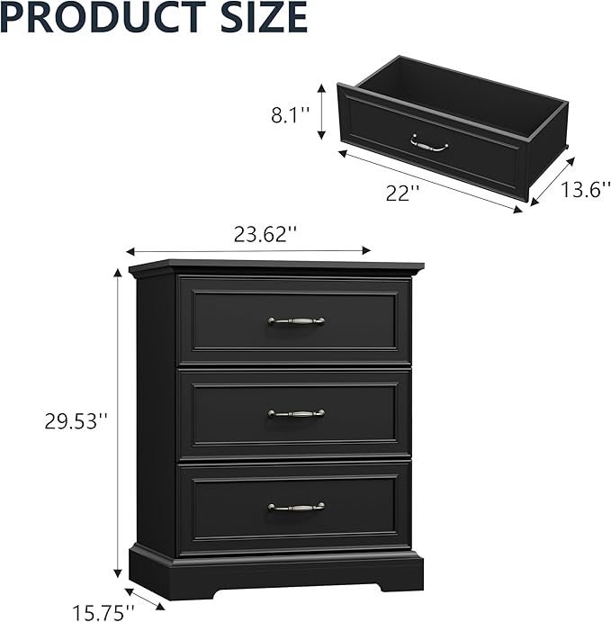 Nightstand with 3 Large Drawers, Rustic Farmhouse Wood Small Dresser, Bedside