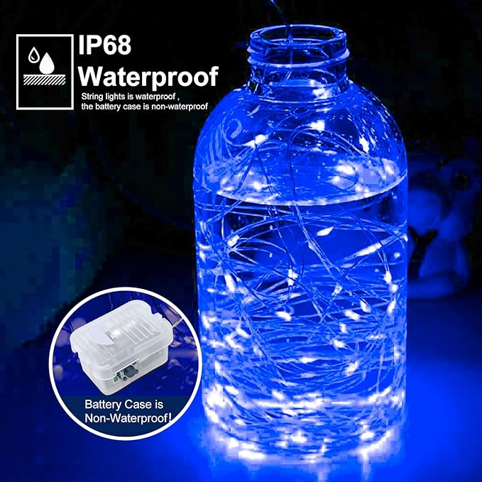 pozzolanas 100 Pack Blue Battery Operated String Lights - 7ft Waterproof Firefly Lights with 20 LEDs for Home, Mason Jar, Party, Wedding, Halloween, Christmas Decorations