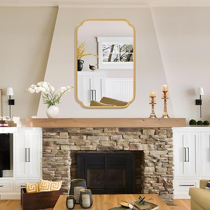 Gold Bathroom Mirror for Wall 20" x 30" Modern Rounded Corner Rectangle Mirror