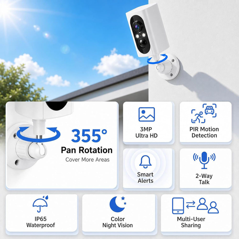355° Pan Rotate Camera 1 Pack, 2K Video, Security Cameras Wireless Outdoor