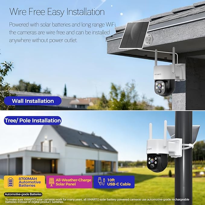XMARTO Super HD Solar Powered Wire-Free Home PTZ Security Camera Wireless