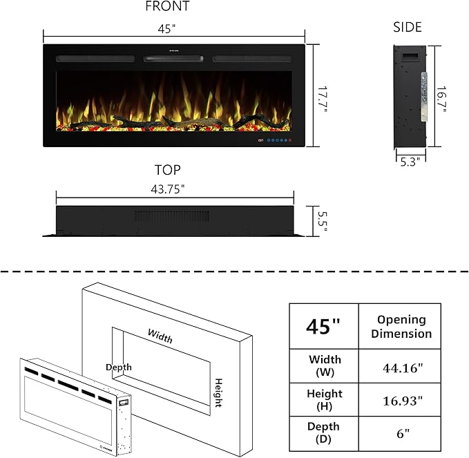 45" WiFi Electric Fireplace Inserts, Recessed and Wall Mounted Fireplace Heater
