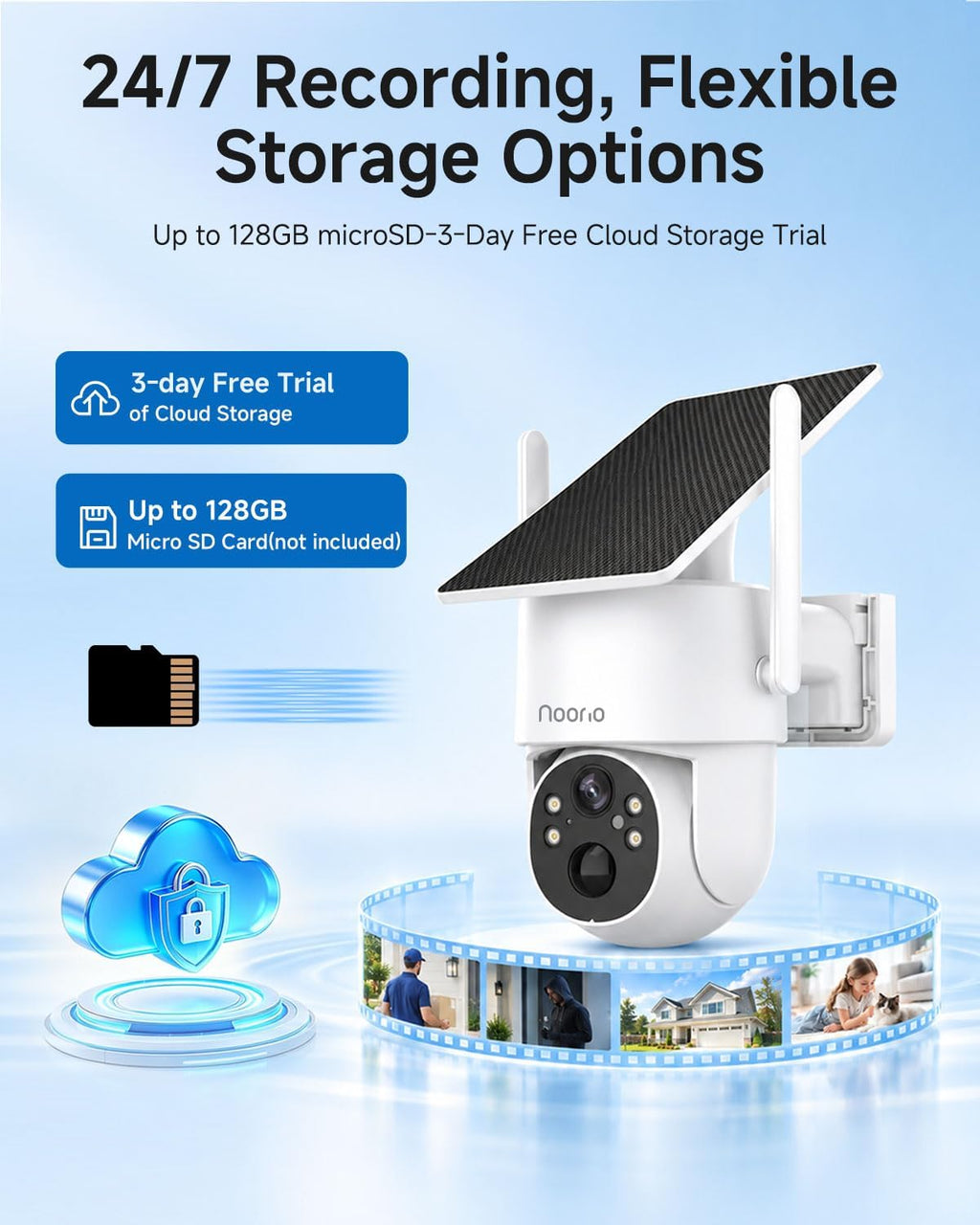 noorio 2k 4mp solar security camera outdoor wireless on a desk or shelf