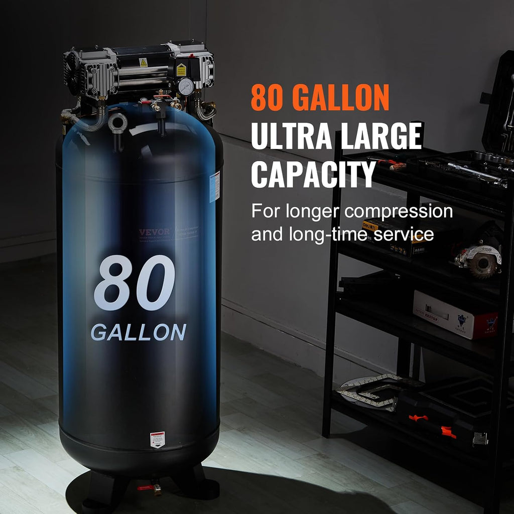 VEVOR 80 Gallon Air Compressor, 145PSI Oil Free Stationary Compressor Tank, 6.5HP 15.5SCFM@90 PSI, Quiet Compressor for Industrial Manufacturing, Workshops (220V/60Hz Single-Phase Power)