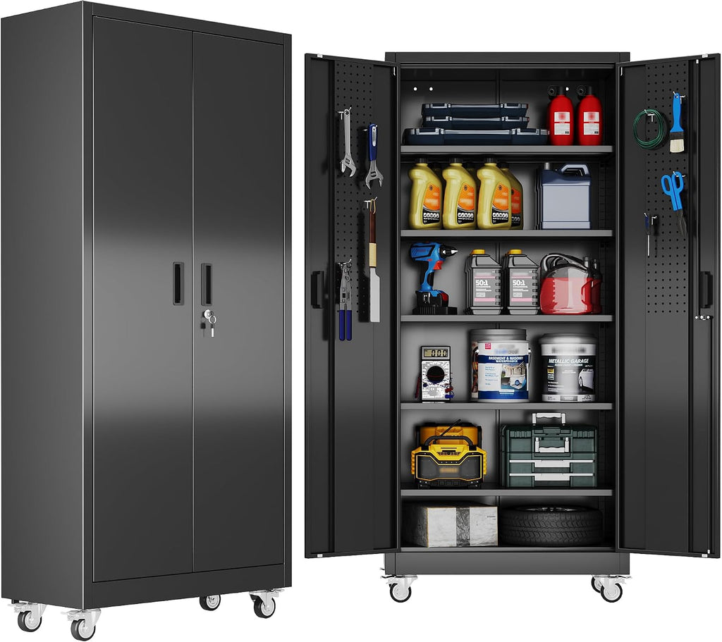 71" Metal Storage Cabinet with Wheels, 5 Adjustable Shelves, Black