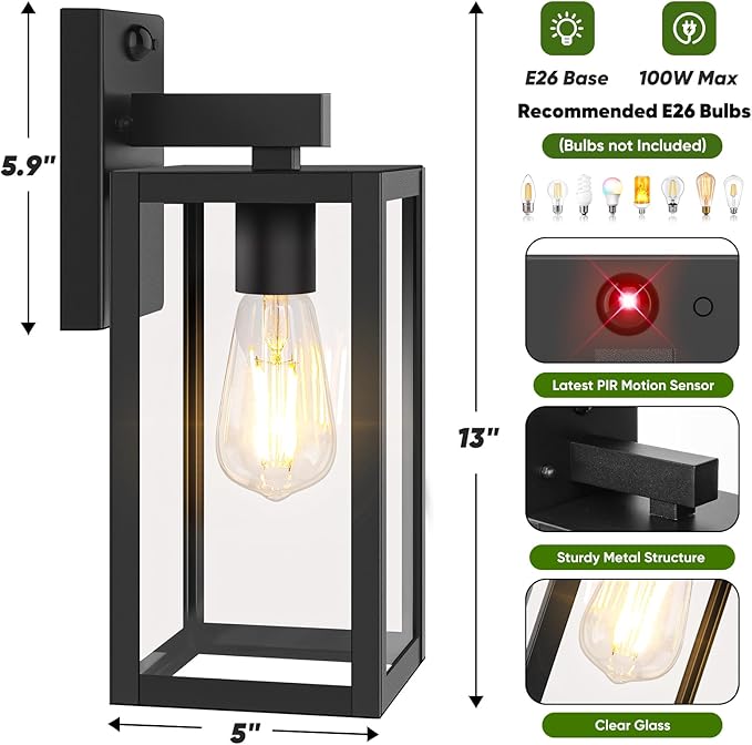 BesLowe 13" Upgraded Motion Sensor Outdoor Wall Lights, 3 Lighting Modes (2-Pack)