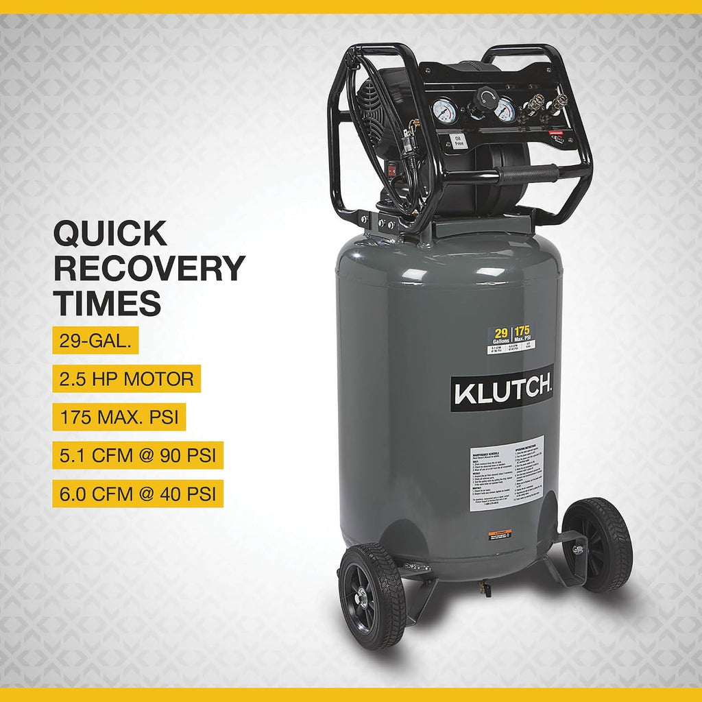Klutch 29-Gallon Air Compressor, 2.5 HP, 120V, 175 PSI, 5.1 CFM at 90 PSI