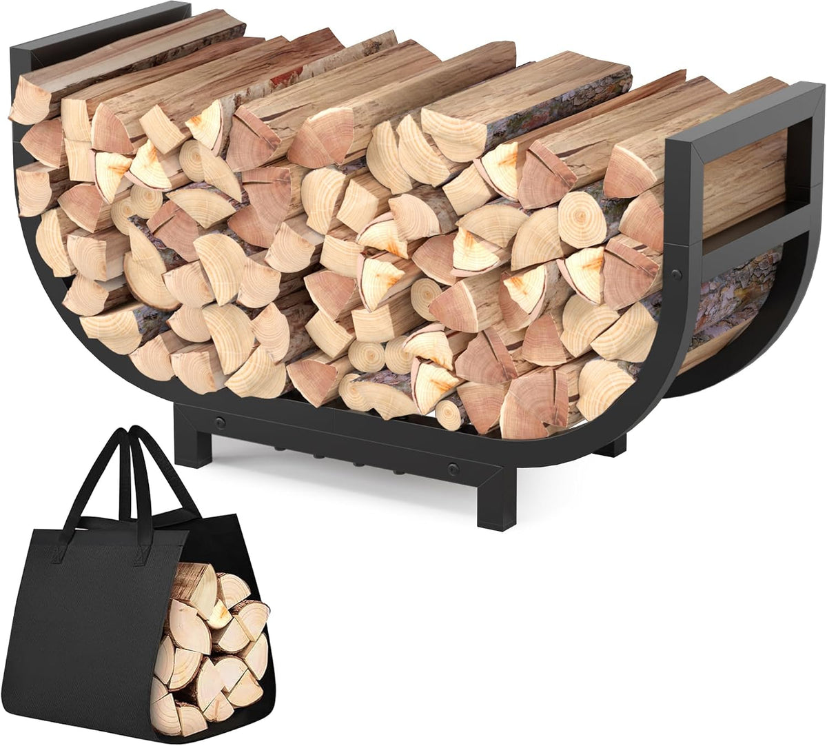 30-inch Firewood Rack Outdoor Indoor with Log Carrier Bag, Stable Log Holder Rustproof Metal Wood Rack for Fireplace Patio Deck Firepit, Heavy Duty Firewood Storage Organizer Tool, Black
