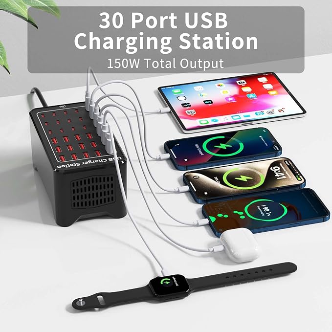 150W USB Charging Station, 30-Port USB C Charger Block, Smartphones