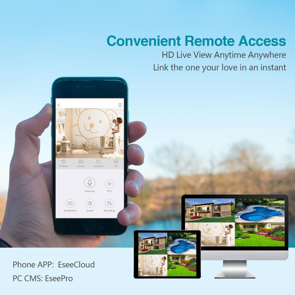 wireless security camera system with 10.1" monitor 4pcs on a desk or shelf