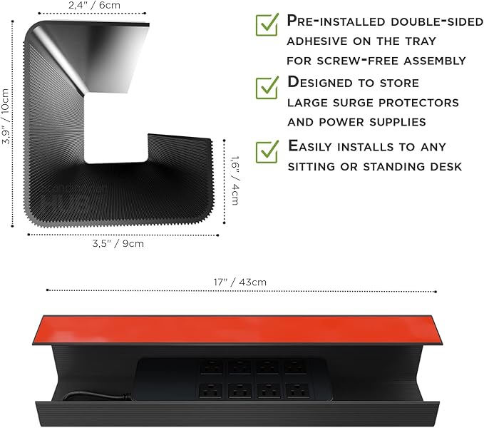 No-Screw Under Desk Cable Management Tray (2-Pack)