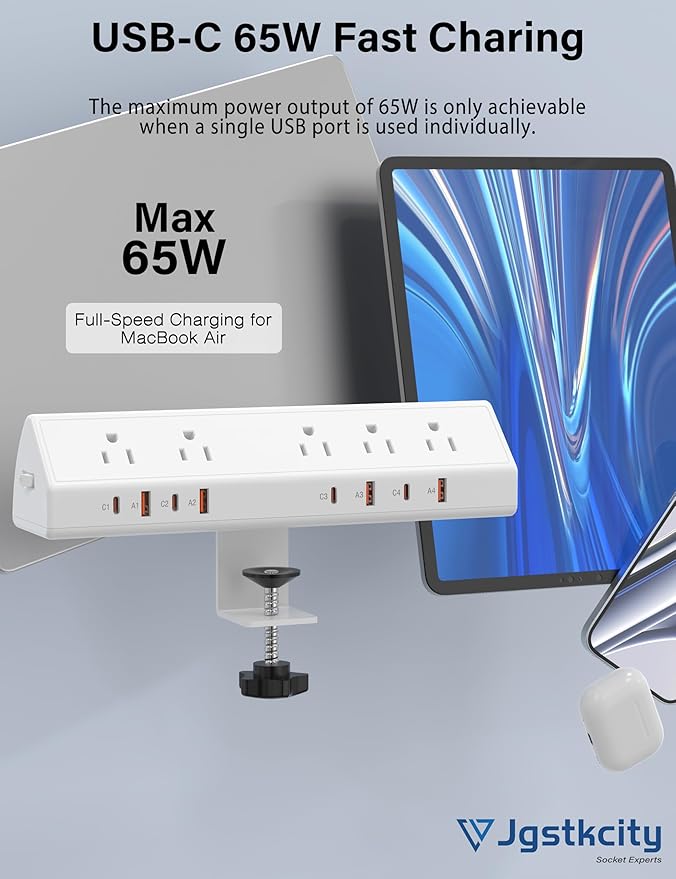 Desk Clamp Power Strip 65W Fast Charging Station, 4 PD USB-C, 5 Outlets