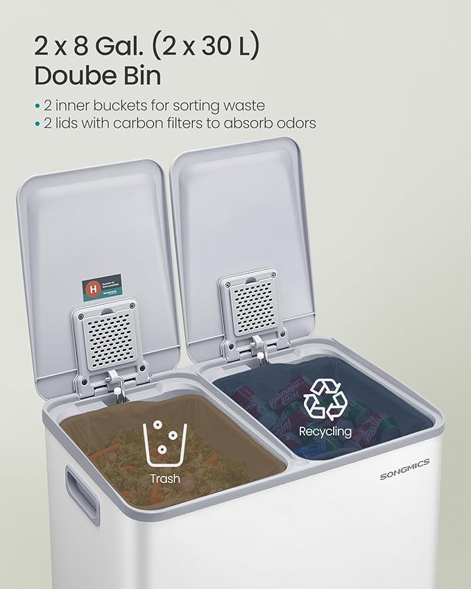 SONGMICS Trash Can, 2 x 8 Gallon Dual-Compartment Garbage Can