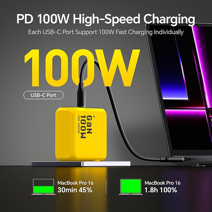AOHI Youth 100W GaN USB C Wall Charger, 3-Port Laptop Fast Charger Type C Power