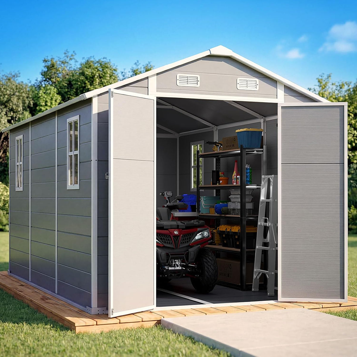 Quictent 8x12FT Resin Storage Shed with Floor&Window, 7.6X11.4FT Base
