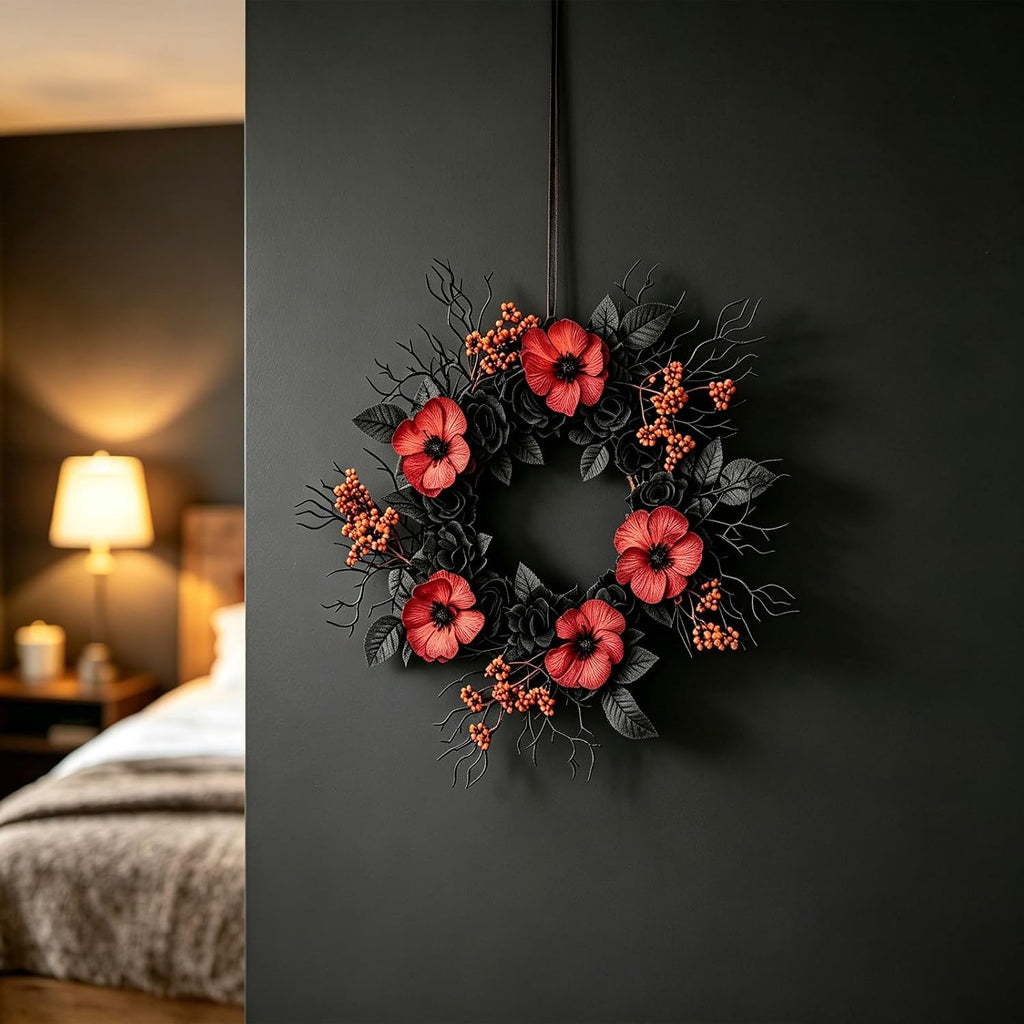 TEMPUS Halloween Wreath Set, 18 Inch, Black Rose and Poppy Berry, Handmade, for Front Door, Mantel, Window, Indoor Fall Decor, 2 Pack