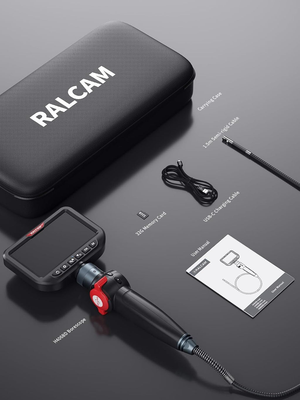 ralcam dual lens articulating borescope camera with light, front angle view