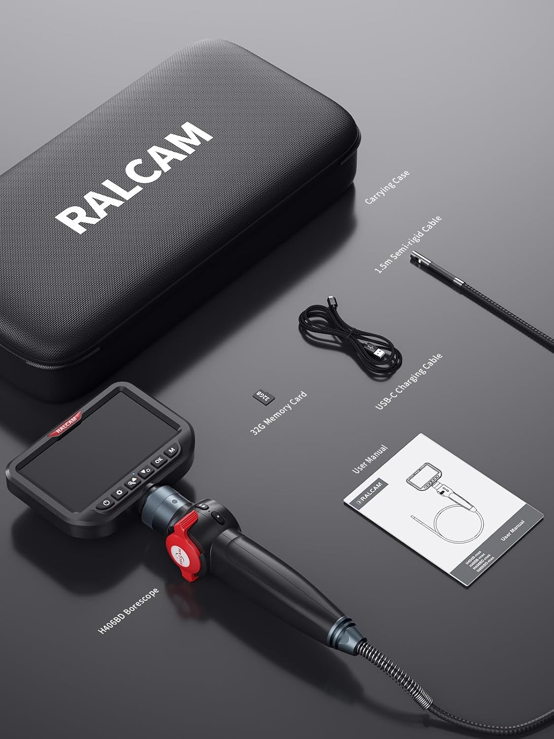 ralcam dual lens articulating borescope camera with light, front angle view