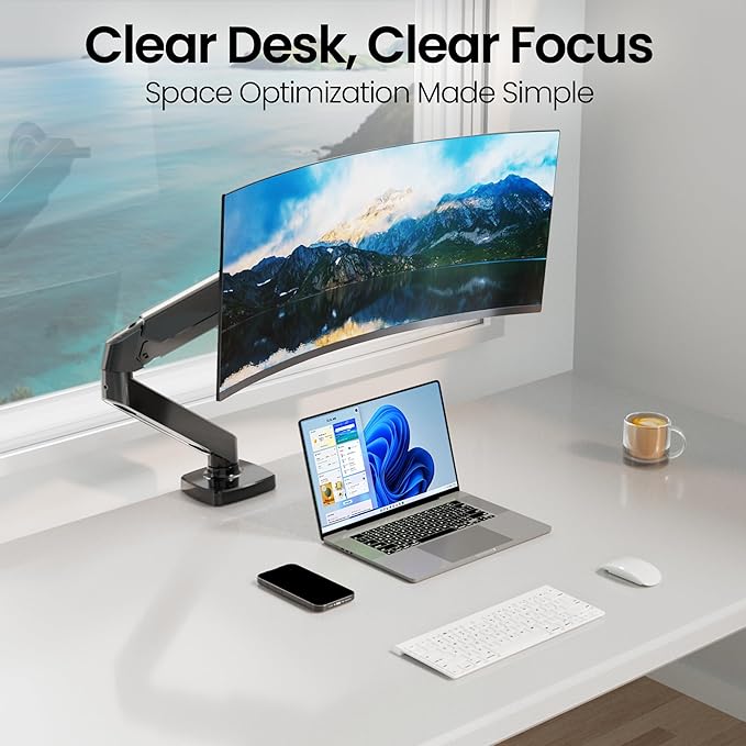 EVEO Premium Single Monitor Arm 14"–34", Adjustable Gas Spring Monitor Mount