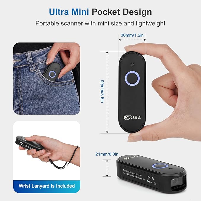 OBZ Mini Bluetooth Barcode Scanner, 2D Wireless Barcode Scanner, Versatile