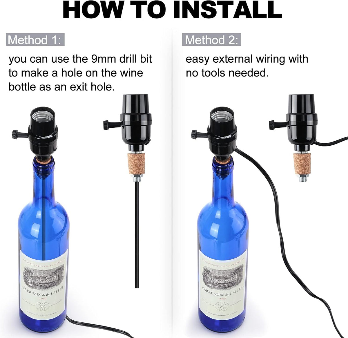 Fabbay 4 Sets Bottle Lamp Kit for Liquor Bottle Includes Stopper in 3 Sizes, 9 mm Glass Drill Bit, Slip on Socket, 8 Feet Power Cord for DIY Wine Bourbon Beer Glass Bottles Lamp No Drilling Required