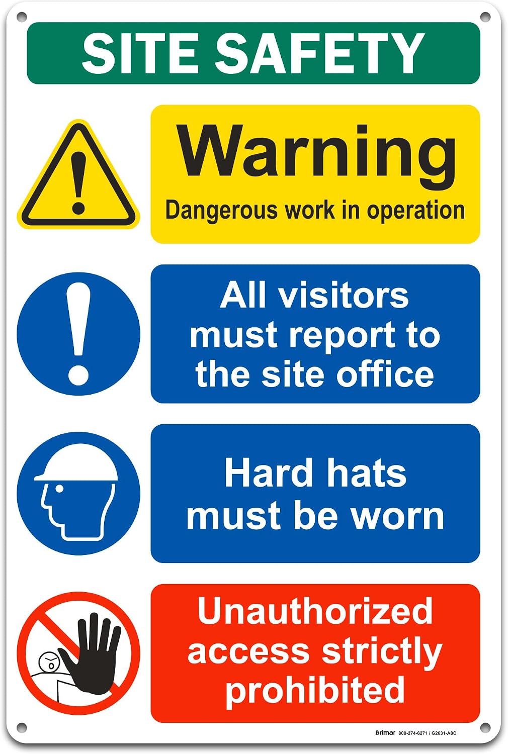 Brimar - 12" x 18" - Construction Site Safety Sign - .063″ White Rust-Free