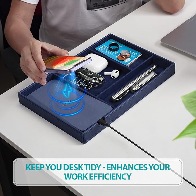Valet Tray, Built in Wireless Charging Pad, Nightstand Organizer, Bedside