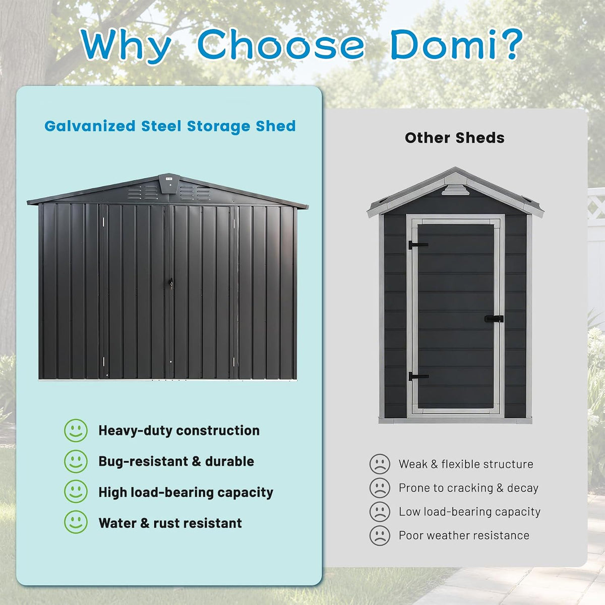 domi 8x6 ft outdoor storage shed,large metal tool, close-up detail