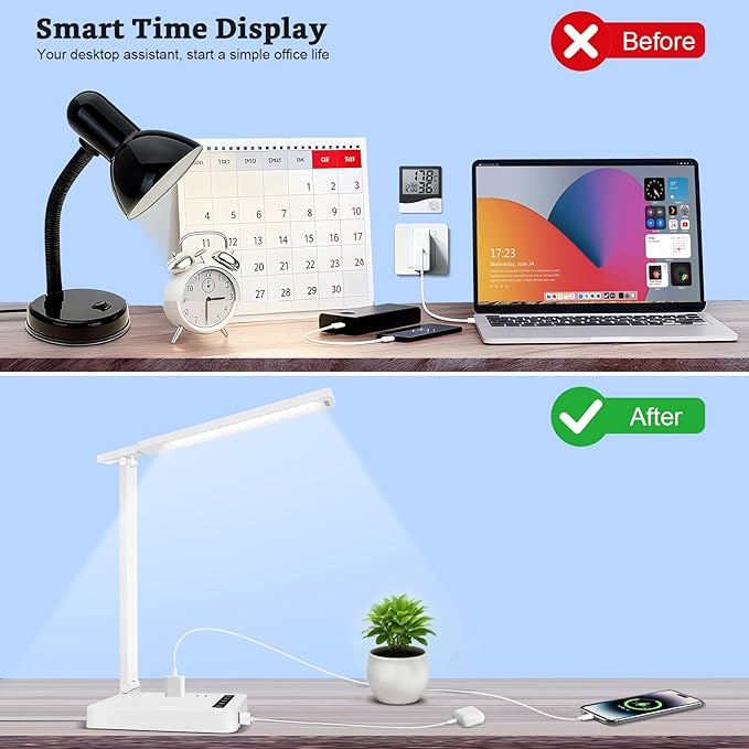 Smart Desk Lamp with 4-in-1 Charging Station, 5 Color temperatures and 5