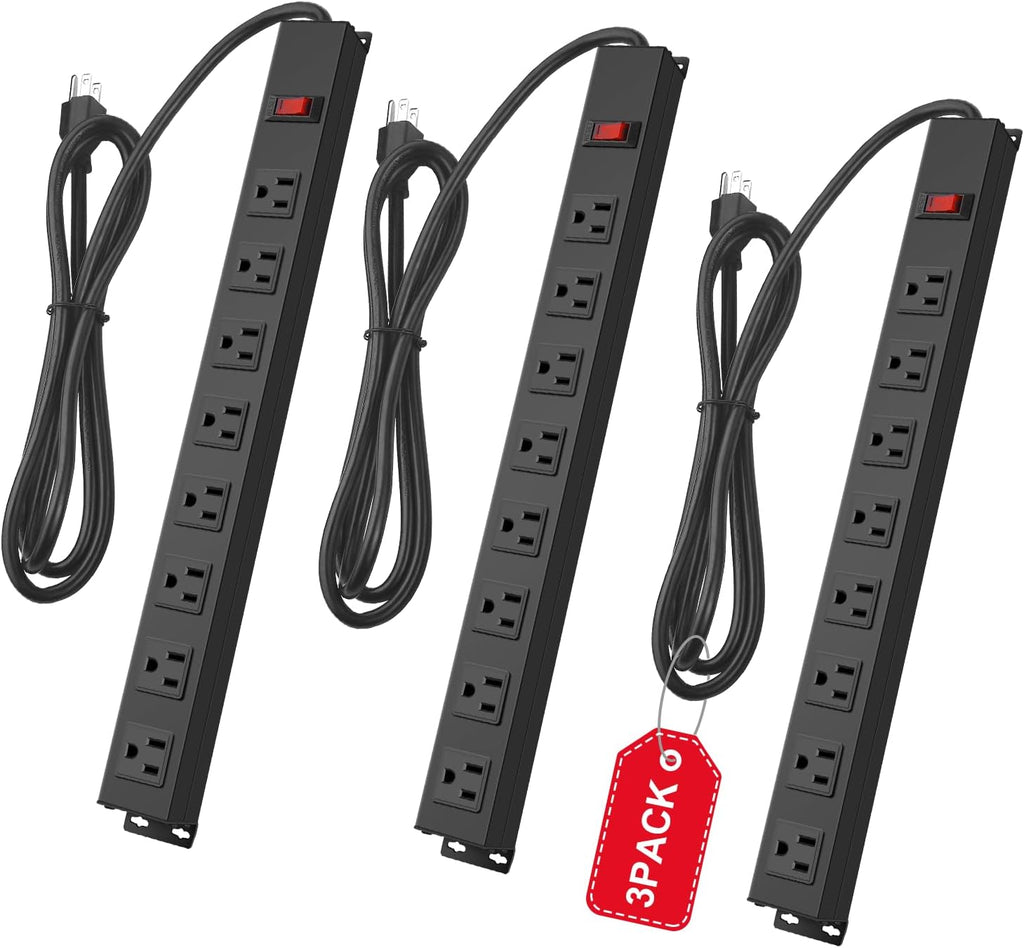 3Pack Metal 8 Outlet Mountable Power Strip, Wall Mount Outlet Heavy Duty