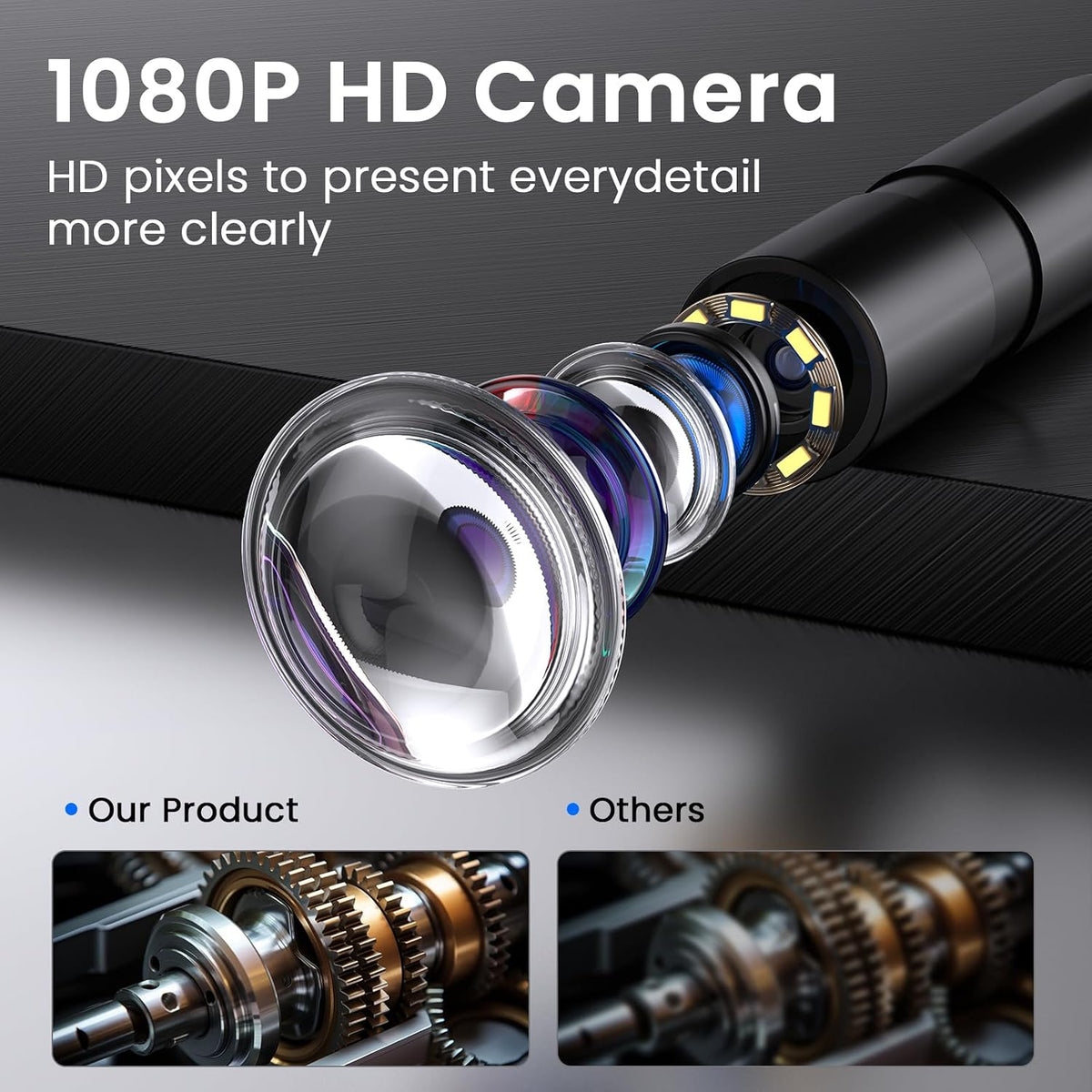 32.8-foot flexible cable endoscope camera with light source, close-up detail