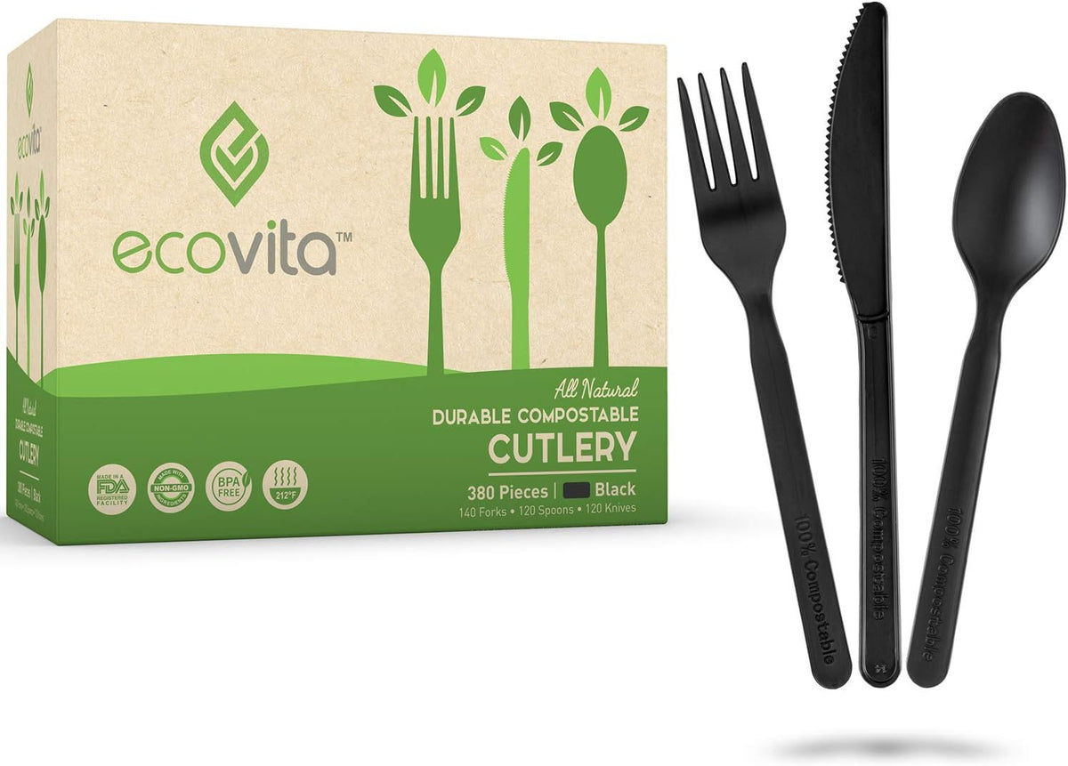 Ecovita 100% Compostable Forks Spoons Knives Cutlery Combo Set