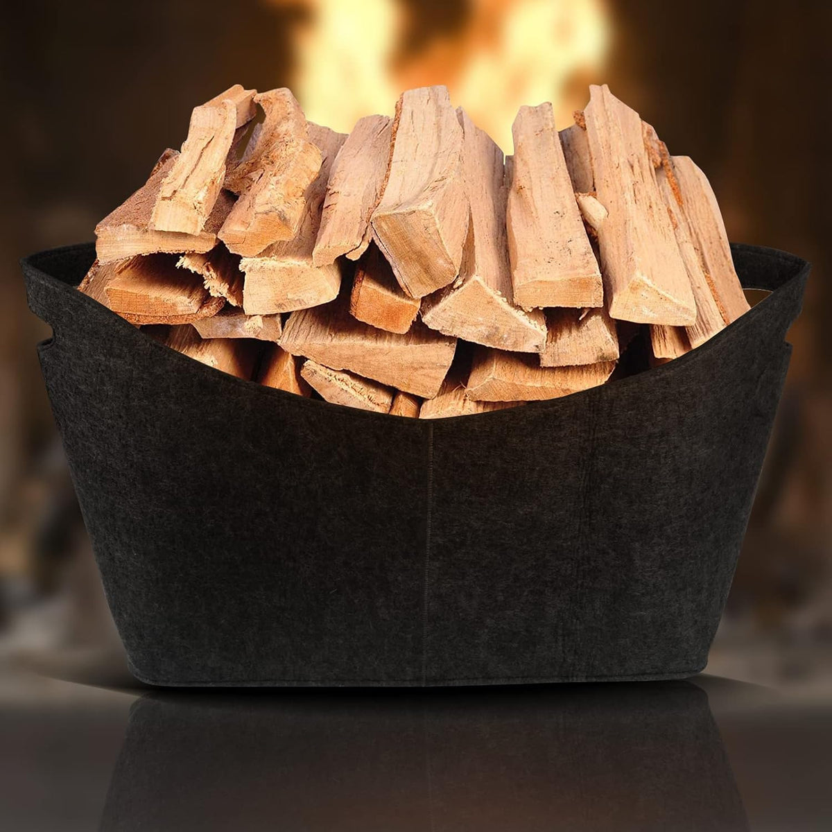 Felt Basket Wood Basket for Firewood, Large XXL, 5 mm Extra Thick Felt Firewood Basket, Foldable Load Capacity 60 kg, Felt Bag for Firewood, Wood, Newspapers, Clothes (Black)
