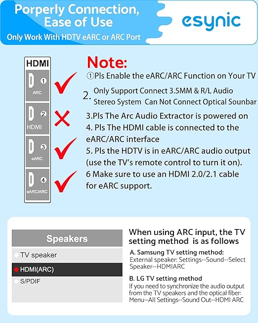 eSynic 7 FT Long eARC/ARC Audio Extractor-Plug & Play-Only Work