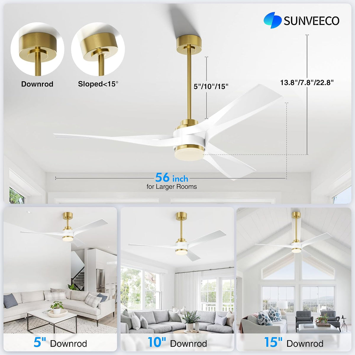 56 inch Modern Smart Ceiling Fan with Light, Gold White Outdoor Ceiling Fans for Patios with Alexa/Google/App and Remote Control, 3 Blade DC High CFM for Indoor Bedroom/Living Room/kitchen Ceiling Fan