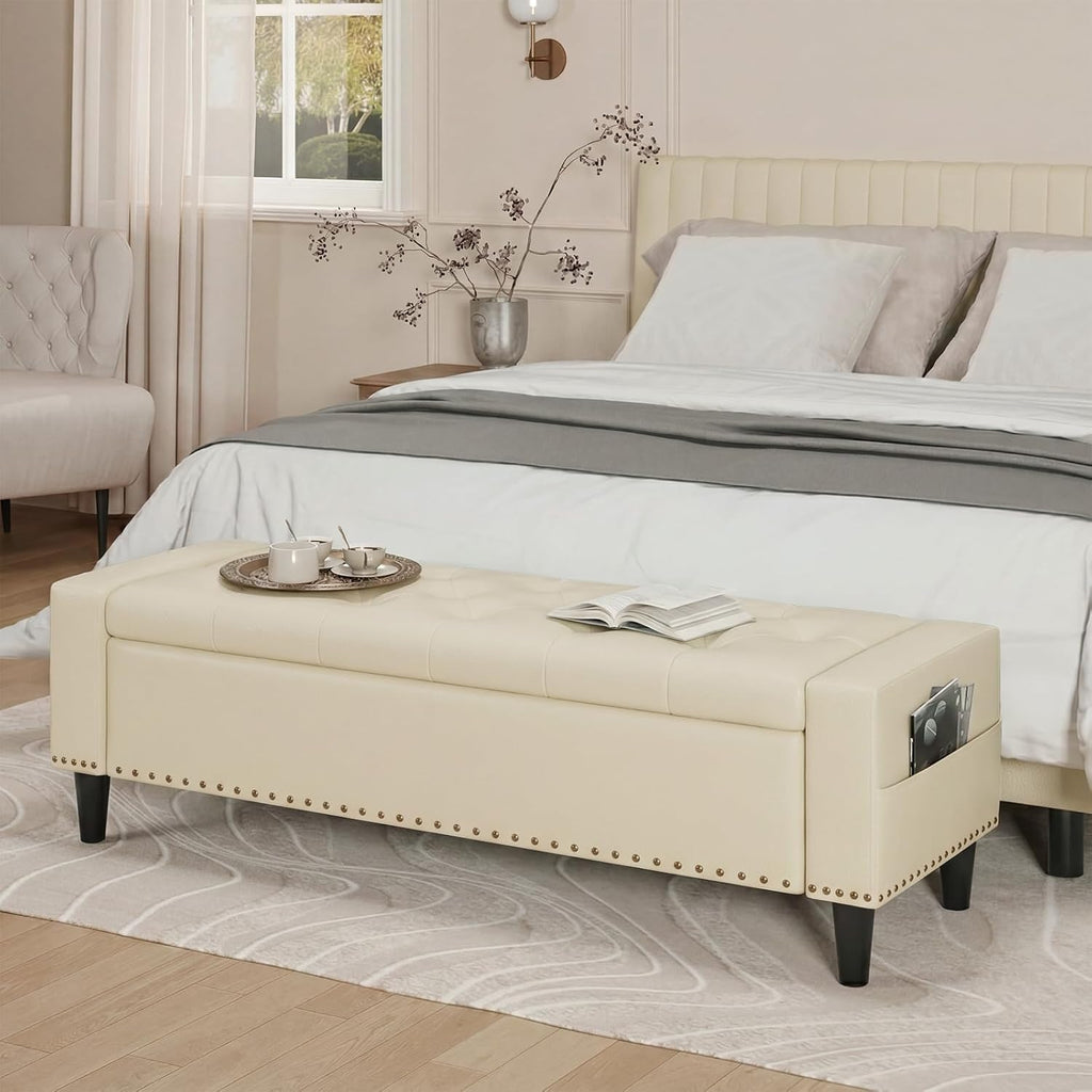 60" Storage Ottoman Bench, Faux Leather Upholstered Bed Bench, Cream White
