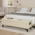 60" Storage Ottoman Bench, Faux Leather Upholstered Bed Bench, Cream White