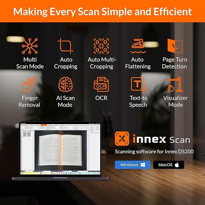 Innex DS200 Professional USB Book Scanner, A3 Document scan, 120+ Language OCR