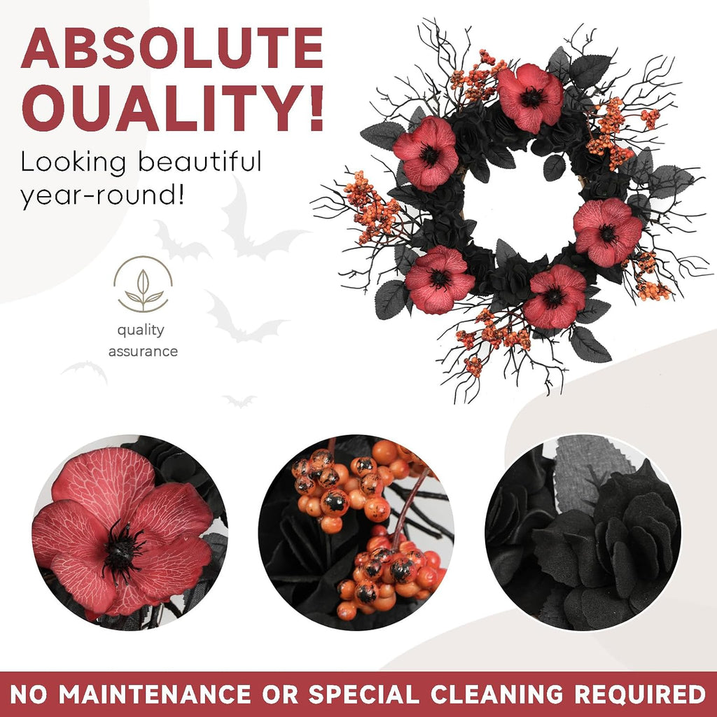 TEMPUS Halloween Wreath Set, 18 Inch, Black Rose and Poppy Berry, Handmade, for Front Door, Mantel, Window, Indoor Fall Decor, 2 Pack