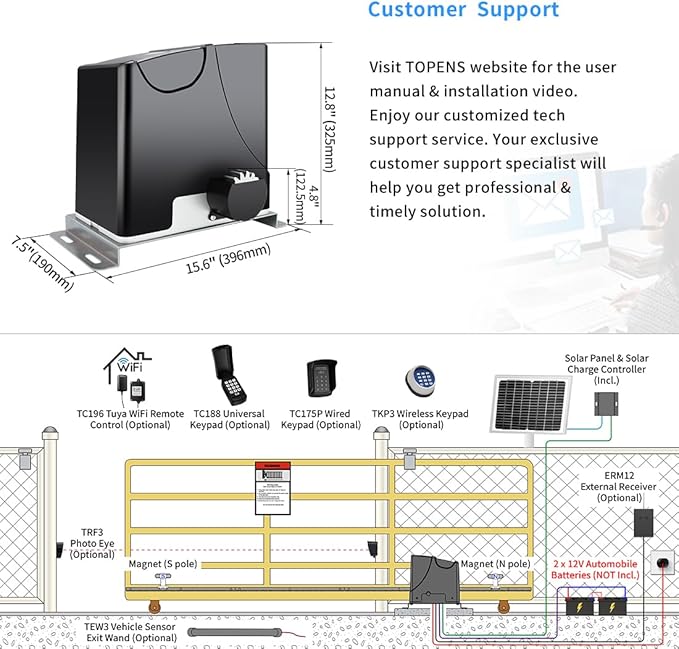 TOPENS DK1000S Solar Sliding Gate Opener Rack Drive Automatic Gate Motor