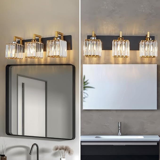 FDPBY Modern Bathroom Vanity Light 3-Lights Black Gold Crystal Wall Lamp