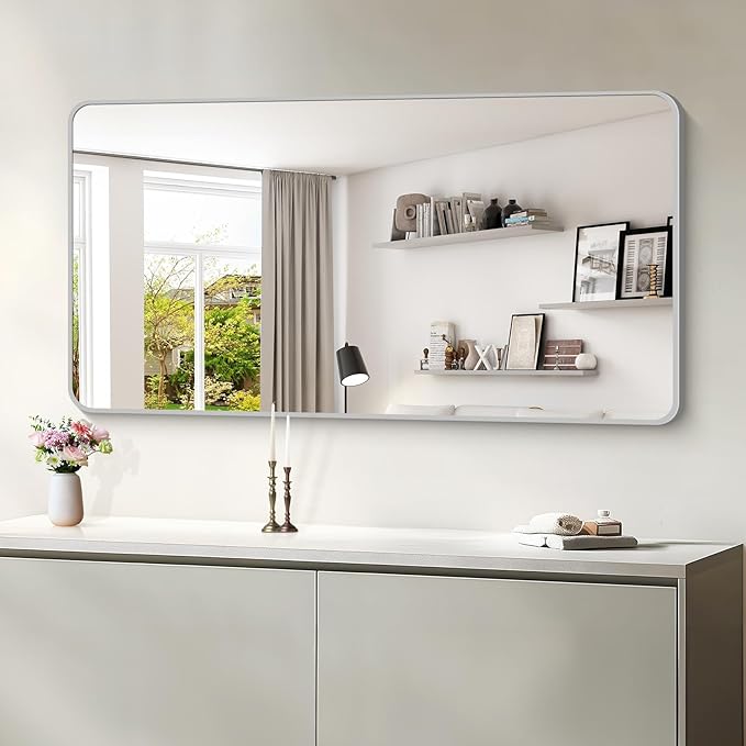 55x30 Inch Silver Bathroom Mirror, Large Rectangular Vanity Mirror, Metal