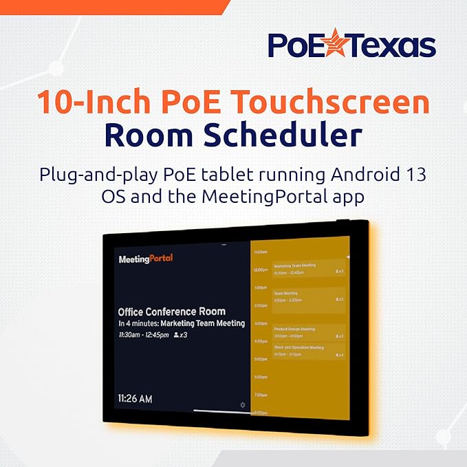 PoE Texas Low Profile 10-Inch Touchscreen Conference Room Scheduler PoE Tablet
