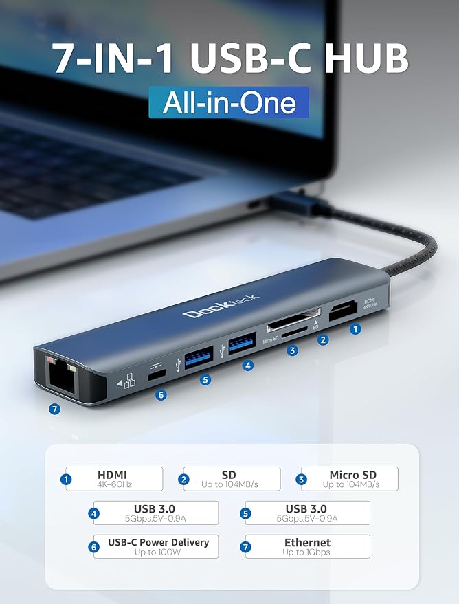 dockteck 7-in-1 USB C Hub with 4K 60Hz HDMI, 1Gbps Ethernet, 100W Power Delivery