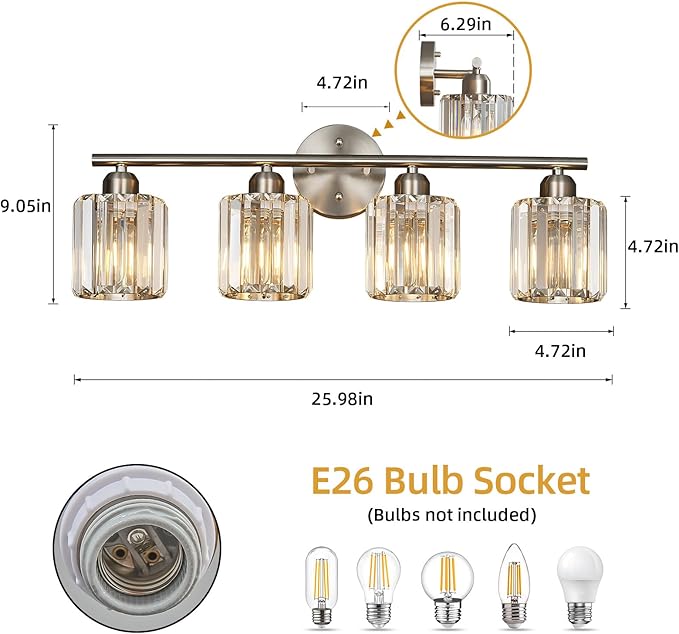 FDPBY Modern 4 Light Crystal Vanity Light, Brushed Nickel Vertical Bathroom