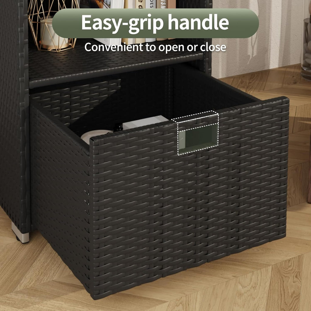 Aoxun Outdoor Towel Cabinet, Pool Accessory Storage Organizer, Freestanding Waterproof PE Rattan Wicker Shelf, 2 Layer with 1 Bottom Drawer for Pool, Patio, Outdoor, Indoor, Black