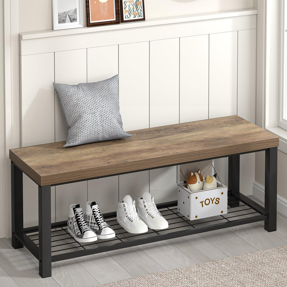 FOLUBAN Entryway Bench, Industrial Wood and Metal Storage Bench with Metal Shelf, Indoor Shoe Rack Bench Seat for Living Room, Bedroom, Hallway, Entrance, Rustic Oak, 47 Inch