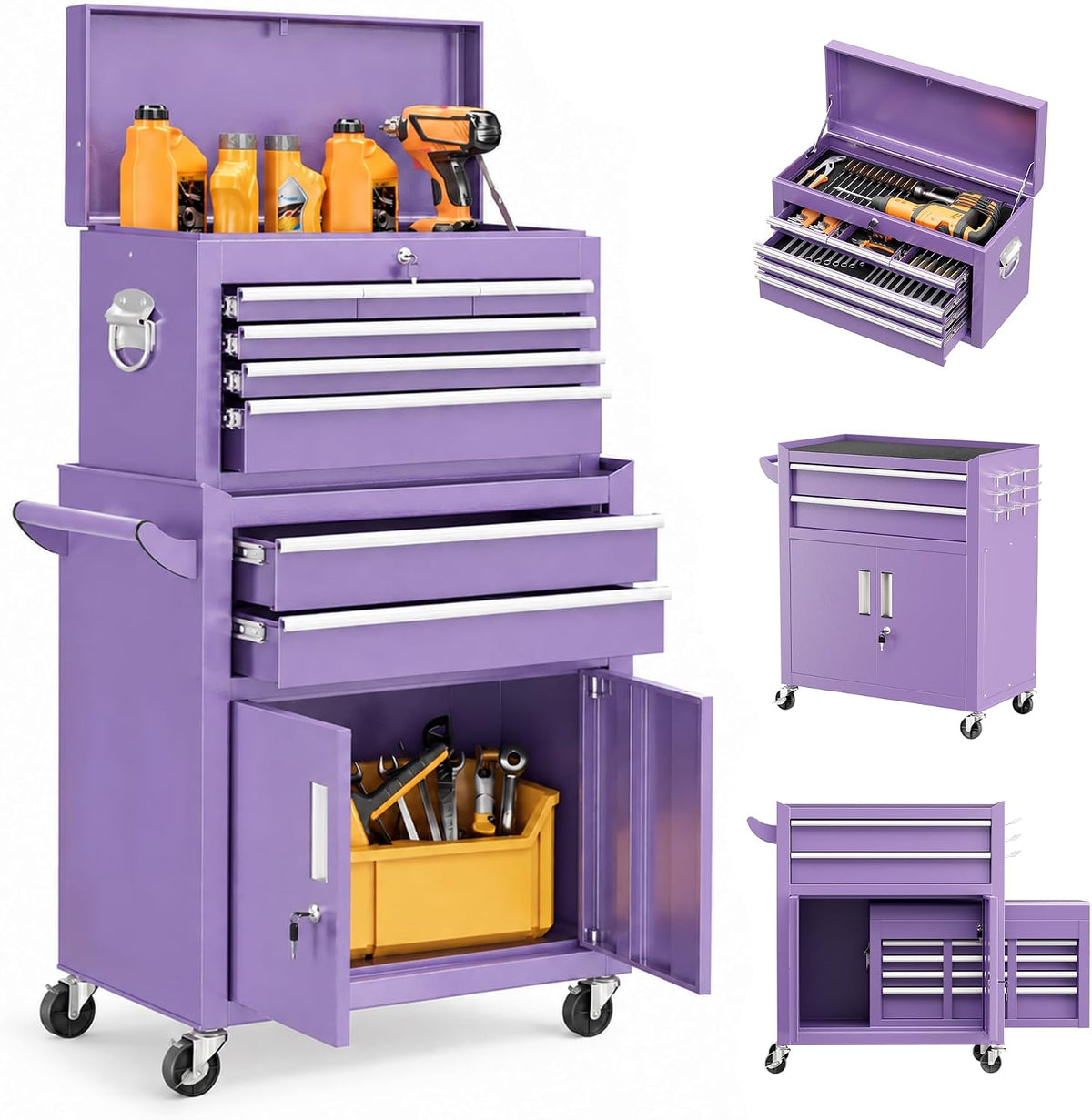 Bonusall 8 Drawer Rolling Tool Chest and Cabinet Combo,Heavy-Duty Metal Garage Tool Chest with Wheels and 2 Doors,2-in-1 Top Box and Roller Cabinet Combo for Garage, Workshop, Warehouse-Purple