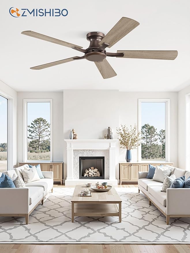 ZMISHIBO 52 Inch Ceiling Fan No Light, Flush Mount Low Profile, Farmhouse Brown